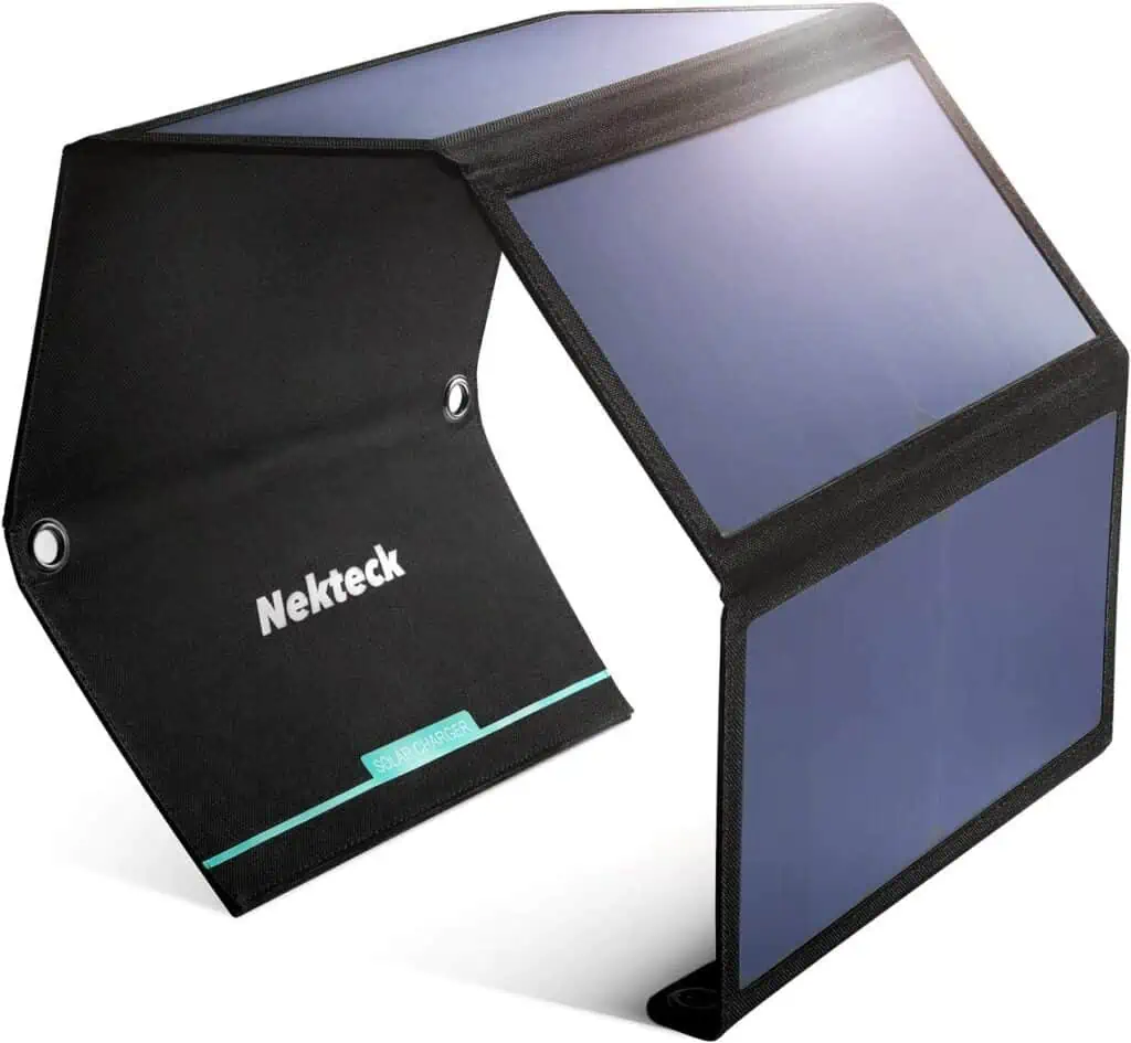 Nekteck 28W Solar Charger, one of the best solar chargers for lithium-ion battery.