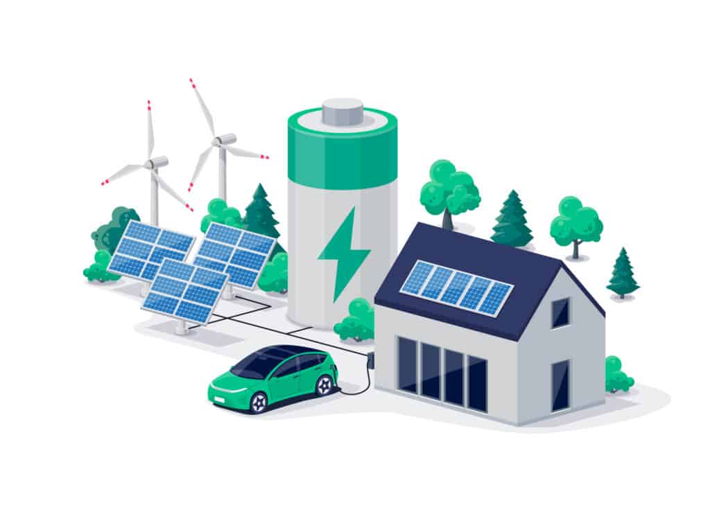 Creative illustration of solar battery used to power a house.